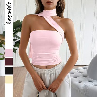 Γυναικείο Ροζ Crop Top με Λαιμόκοψη Halter Ασύμμετρο Λουράκι Σουρωτό Εφαρμοστό Αμάνικο Τοπ
