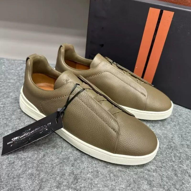 Mens Genuine Leather Slip-On Casual Sneakers With Elastic Band Comfortable Breathable Low-Top Flat Shoes