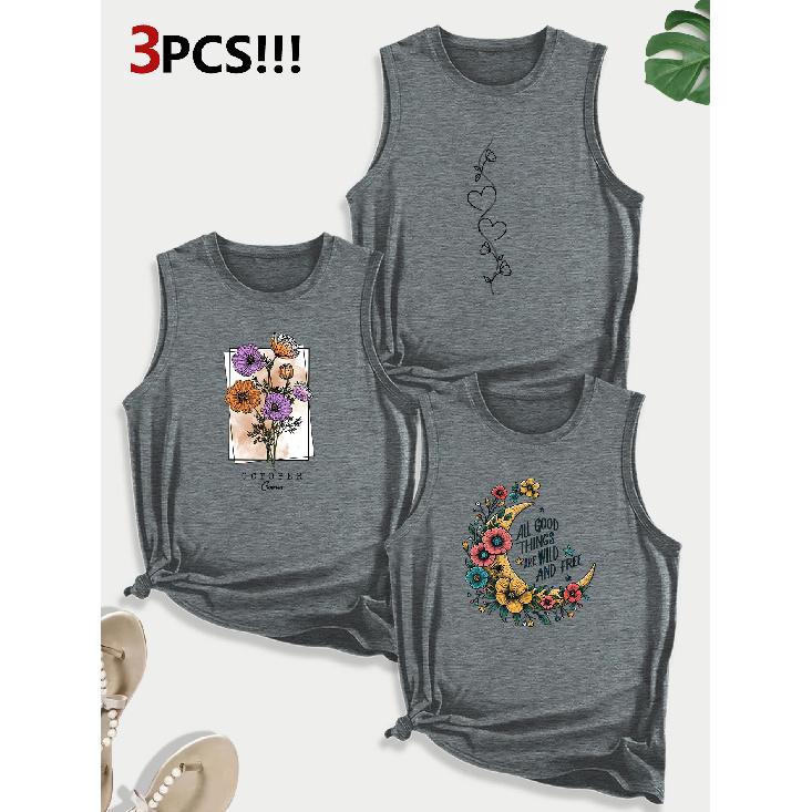 Sunflower Moon Floral Combination Gift Print Pattern Round Neck3Pack of Sleeveless Vests for Women In Spring, Summer, and Autumn