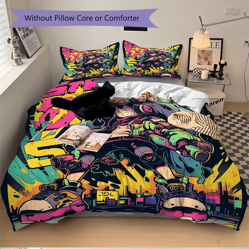 3pcs Vivid Skateboarder Graffiti Art Quilt Cover Set - Soft & Comfortable Polyester Fabric, All-Season Breathable Comforter Set For 1 Quilt Cover