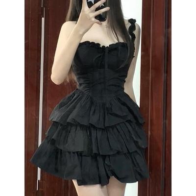 Ballet Waist Suspender Dress Women's Summer Casual Black Short Small Princess Fluffy Cake Dress