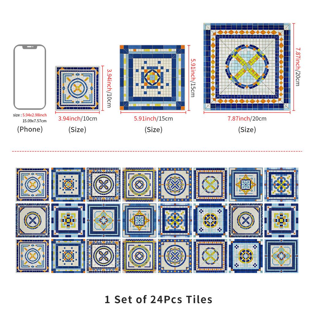 European Crystal Mandala 24 Pieces Self-Adhesive Wall Sticker, Waterproof Kitchen Bedroom Tile Sticker Pvc Wallpaper