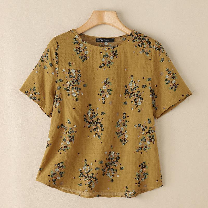 

ZANZEA Женская повседневная блузка с круглым вырезом, рукавом до локтя, свободного кроя, с цветочным принтом XL жёлтый