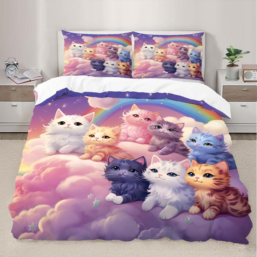 Rainbow Cat Duvet Covers For Kids Teens Girls Queen Lightweight Bedspread Cover Room Decor Kawaii Rainbow Ombre Cats Bedding Set