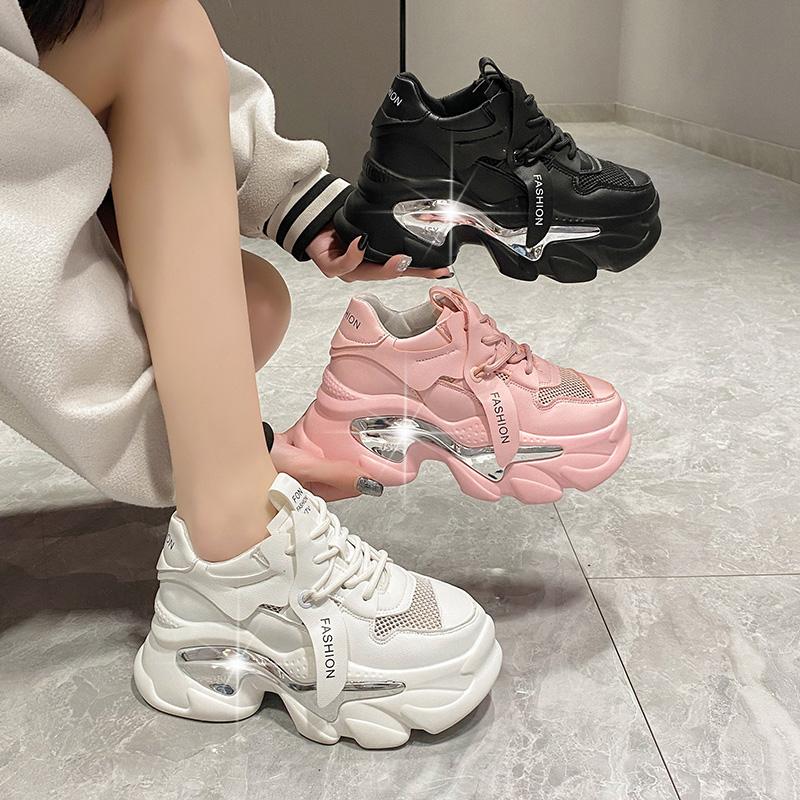 Summer Spring Women Lace-up Chunky Sneakers White Black 8CM High Platform Leather Shoes Breathable Casual Sport Dad Shoes