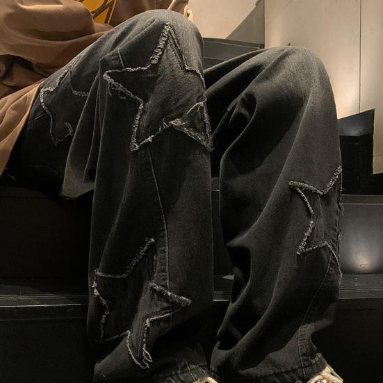 Calça jeans masculina de cintura média com zíper e estampa estética de estrelas, calças retas, pernas largas, jeans soltos, estilo high street