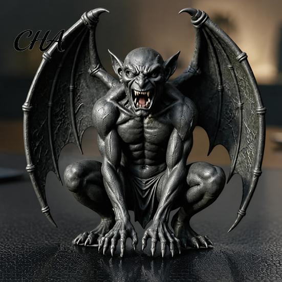 Indoor Outdoor Garden Accents Gargoyle Figurine, Medieval Dark Winged Statue, Resin Gothic Sculpture Horn Demon Ornament for Office Bookshelf