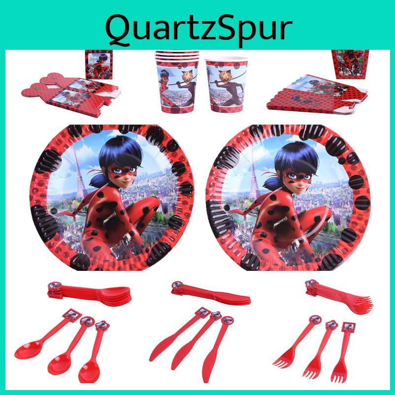 Complete Ladybug Girl Cartoon Party Kit Paper Plates Cups Tablecloth And More