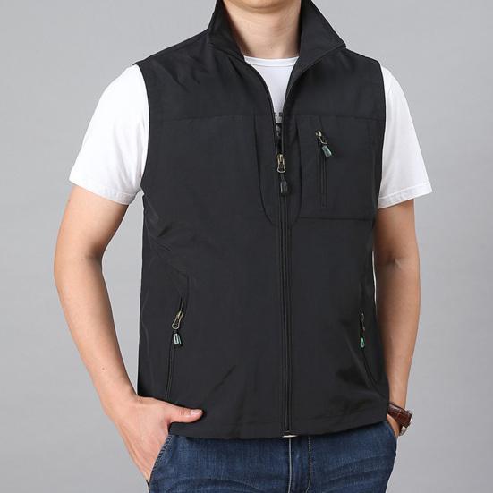 Colete Masculino Gola Alta Sem Mangas Fechamento com Zíper Cor Sólida Casaco Colete com Bolsos Colete de Pesca para Exterior