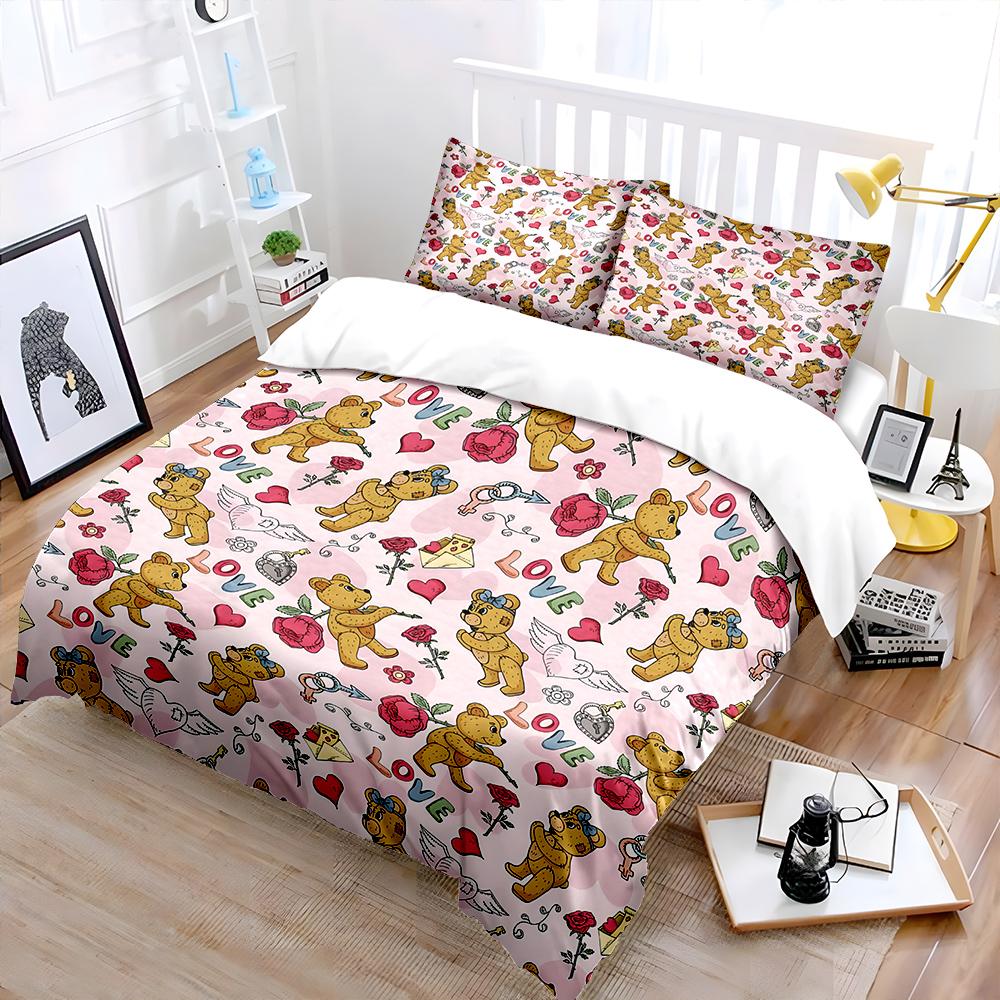 Cute Bears, Hearts, and Roses Bedding Set for Kids Luxury Gift 3pcs Digital Print Comforter Set Soft Comfortable Breathable