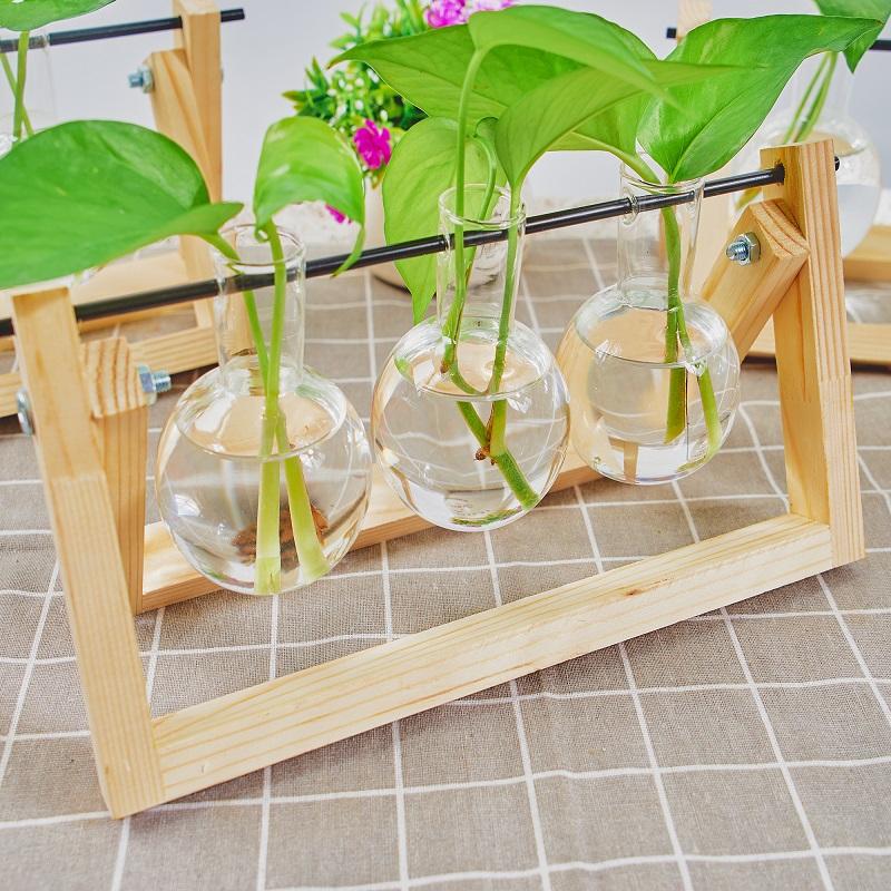 Hydroponic Vase Glass Transparent with Wooden Stand Creative Simple Desktop Green Plant Cultivation Container Home Decoration Or
