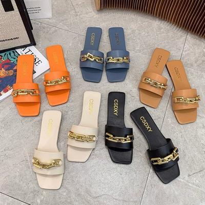 Fashion New Chain Women Slippers Summer Flat Outdoor Luxury Square Toe Design Sandals Women Slides New Korean Trend Plus Size 35-42