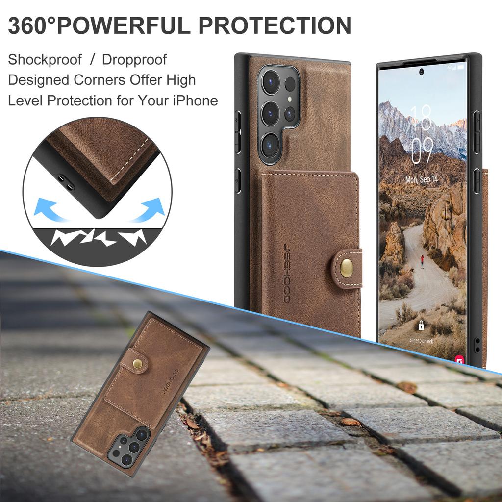 For Samsung Galaxy S25 Ultra Case JEEHOOD J01 Retro Leather Phone Back Cover with Detachable Magnetic Card Holder