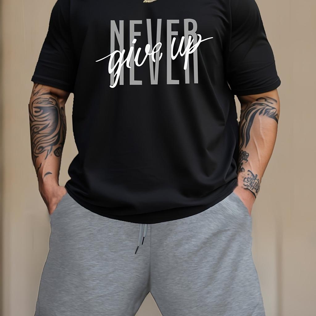 Mens NEVER GIVE UP Graphic Loungewear Set - Short Sleeve Tee & Drawstring Shorts with Pockets - Super Comfortable Casual Pajama