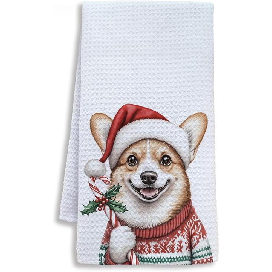 Pink Santa Winter Kitchen Towels, Snowflake Winter Dish Tea Towels for Kitchen, Funny Christmas Santa Claus Holiday Decorative Hand Towel for