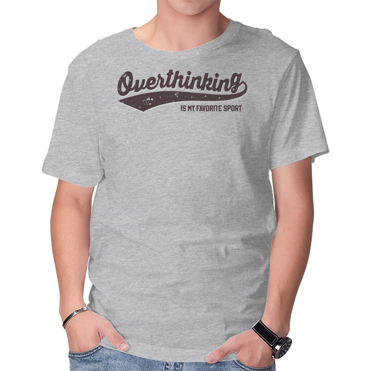 Unisex Crew Neck T-Shirt Overthinking Champ Graphic Short Sleeve Casual Tee XS