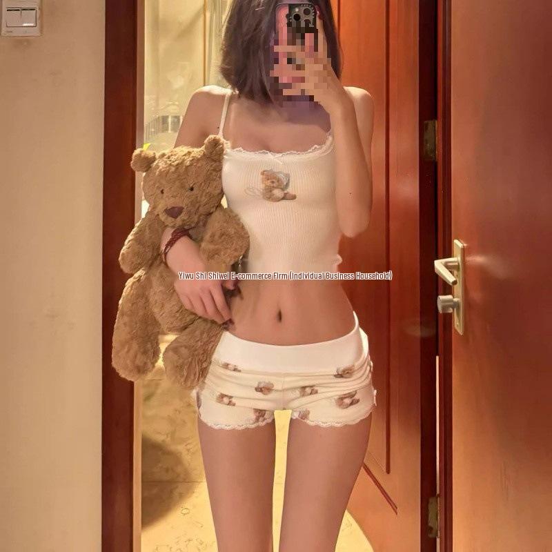 Women's Summer 2025 Slimming Teddy Bear Camisole Pajama Set with Pads - Cute & Sexy Tank Top and Shorts
