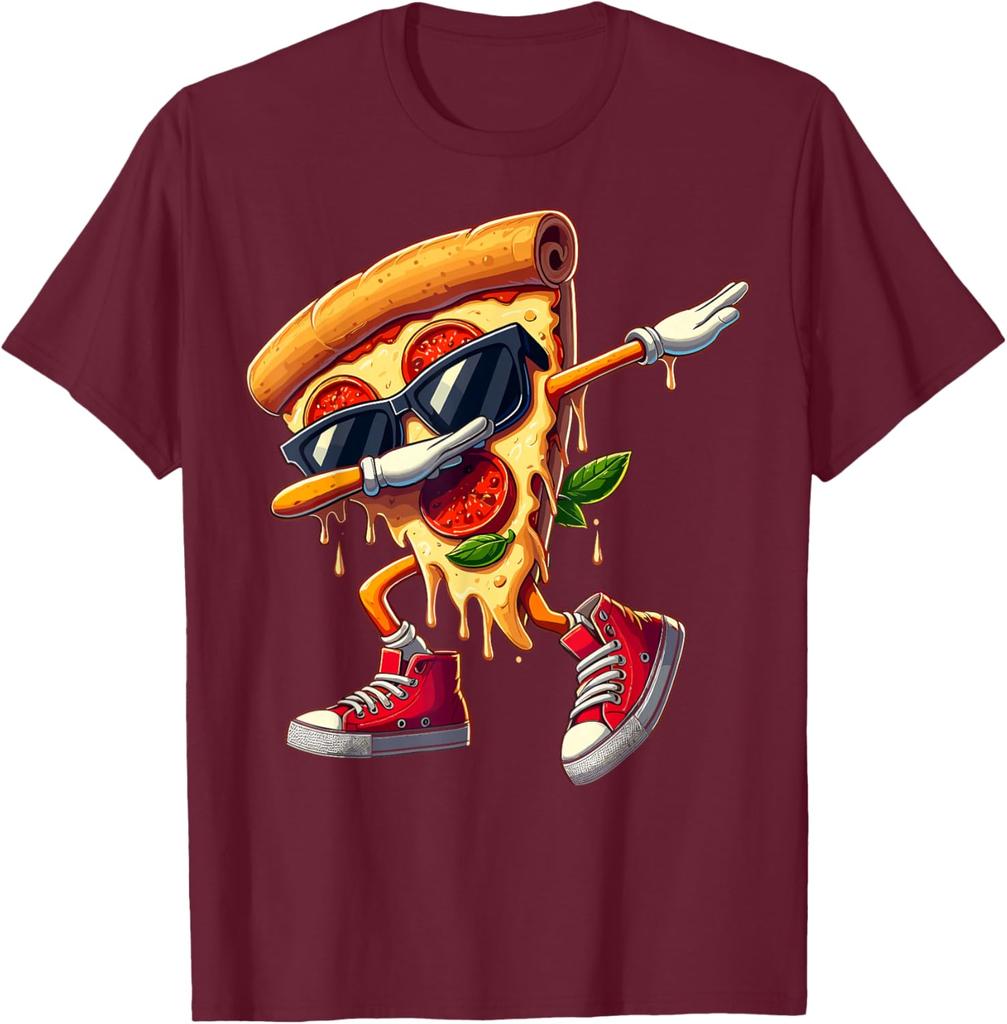 Dabbing Pizza Slice Dancing Foodie Graphic Tee Cool Casual Cotton Short Sleeve T-Shirt for Men