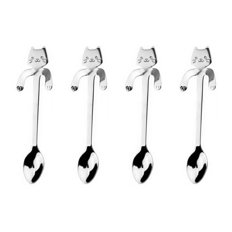 

4PCS Creative Cat Shaped Coffee Spoon 304 Stainless Steel Spoon Stirring Sugar Dessert Cup-hanging Design Teaspoon Christmas