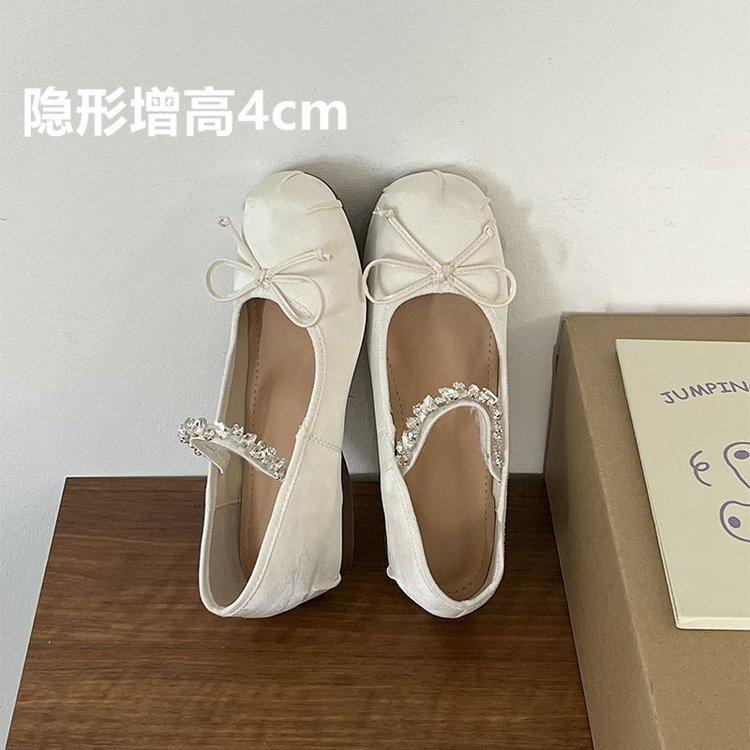 Inner Height Increase 5cm French Rhinestone Ballet Shoes Women's 2025 Autumn New Satin Bow Mary Jane Single Shoes