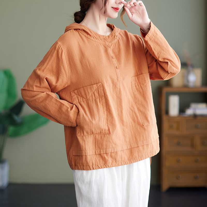 Loose Versatile Casual Top Women Hooded Shirt Spring Button Pocket Simple Loose Comfortable Blouse Plus Size