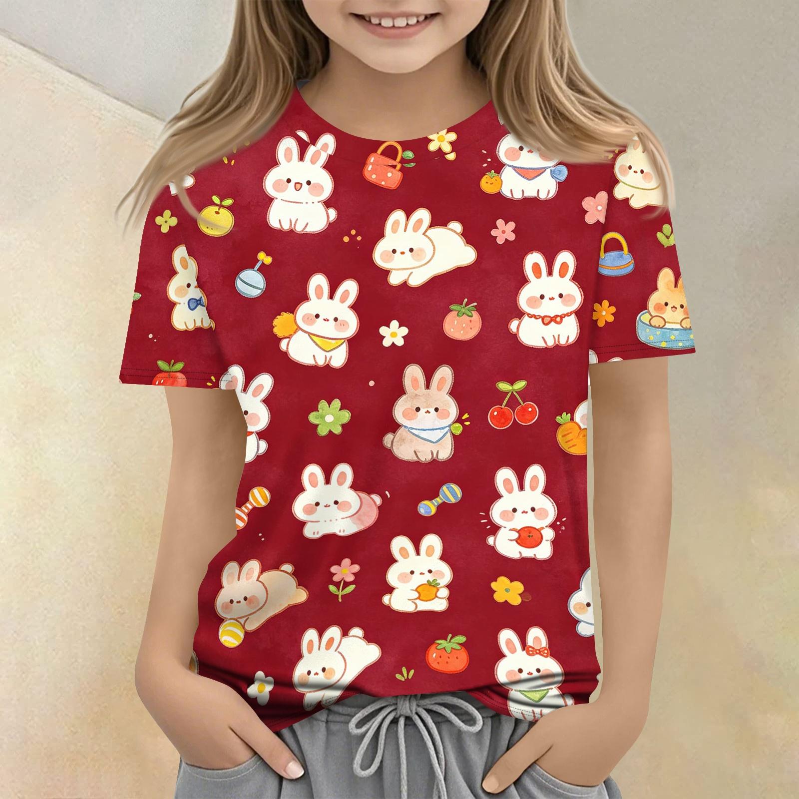 

Kids Animal Print Crew Neck Short Sleeve T Shirt Casual Loose Fit Top Soft Comfortable Fabric Suitable for Everyday Wear 160 червоний