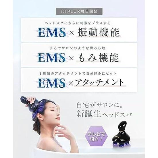 NIPLUX EMS HEAD SPA Electric Scalp Brush Nisso Plus IPX7 Waterproof 3D Vibration Red LED Wet Dry Use 10-Minute Timer Cordless Beauty Device Face Black