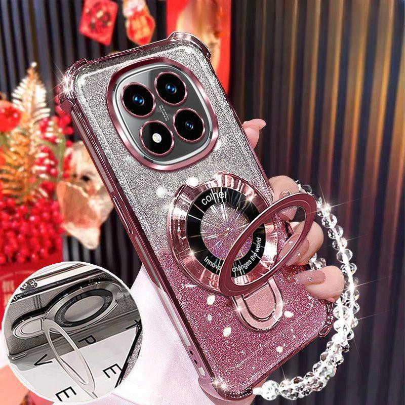 Pro Xiaomi Redmi Note 14 Pro Plus 14C 4G 5G Pouzdro Třpytivé Pokovení Magnetický Držák Náramek Kryt