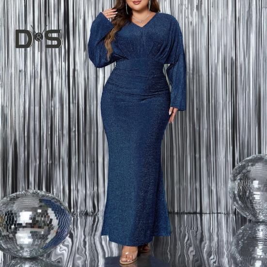 Abendkleid für Damen in Übergröße, V-Ausschnitt, lange Ärmel, hohe Taille, enges langes Kleid, einfarbig, glänzend, Fischschwanzkleid