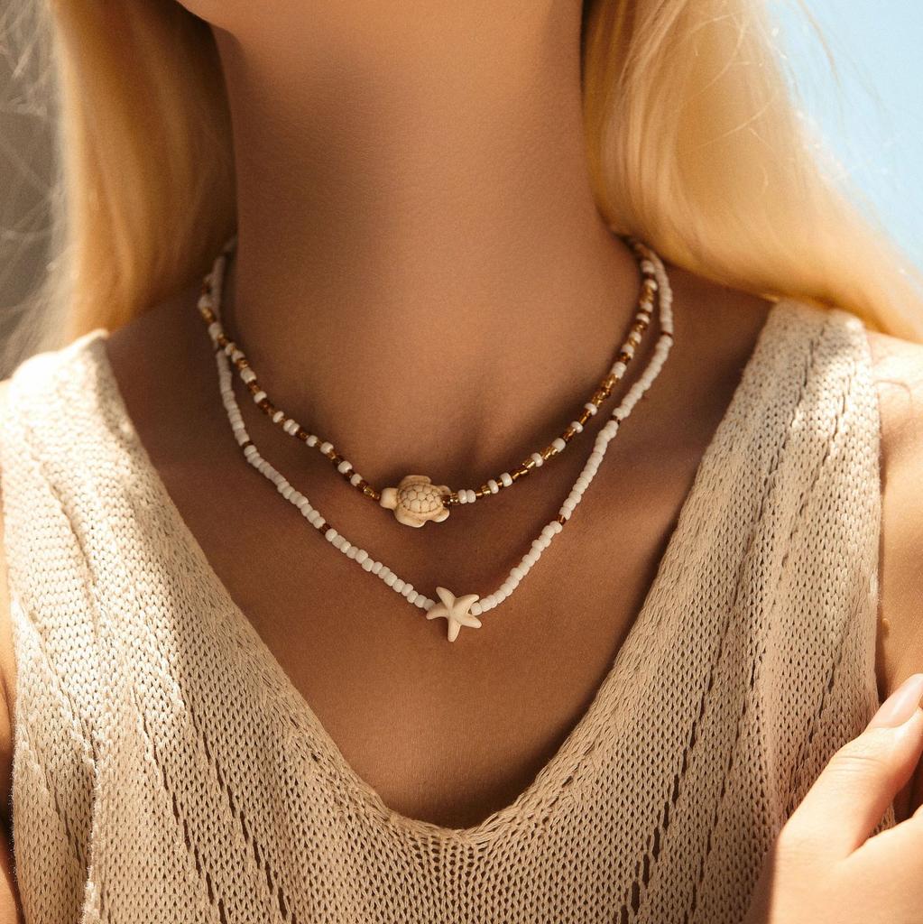 Letní plážový oceánský styl Náhrdelník s korálky ve tvaru želvy a sada řetízku na nohu pro ženy