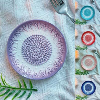 Embossed Ceramic Garlic Grater, Vintage Pattern Ginger Mincer Plate for Kitchen, Multifunctional Masher for Cheese Nutmeg