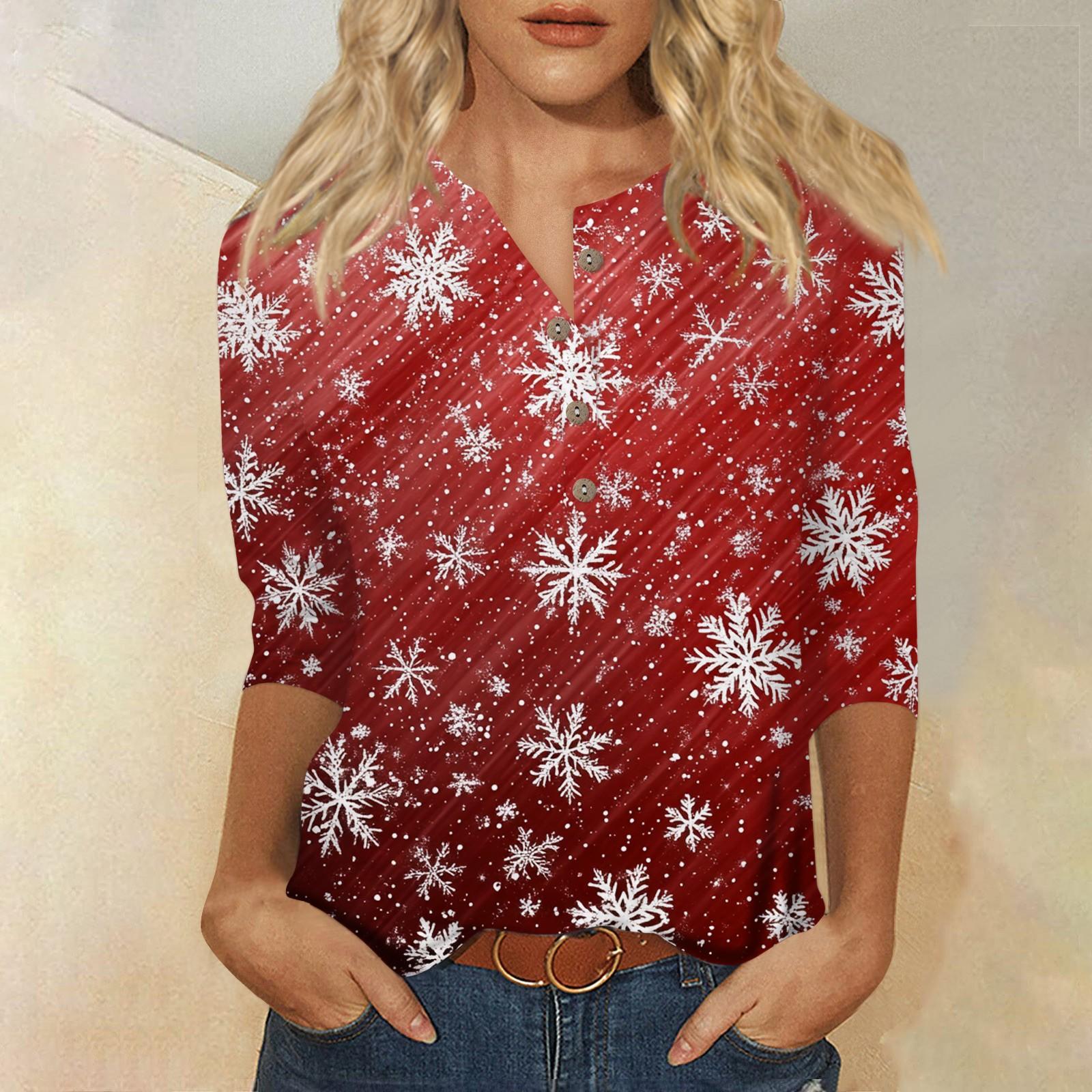 

Женская мода Повседневная новая пуговица с круглым вырезом и рукавами 3/4 Свободная футболка с принтом Женский топ XXXL красный