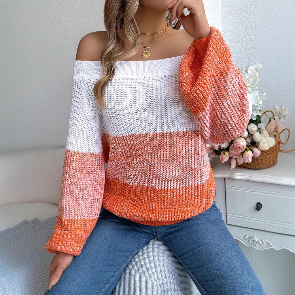 QICED Autumn and Winter Casual Color-blocked Off-the-shoulder Lantern Sleeve Pullover Sweater for Women