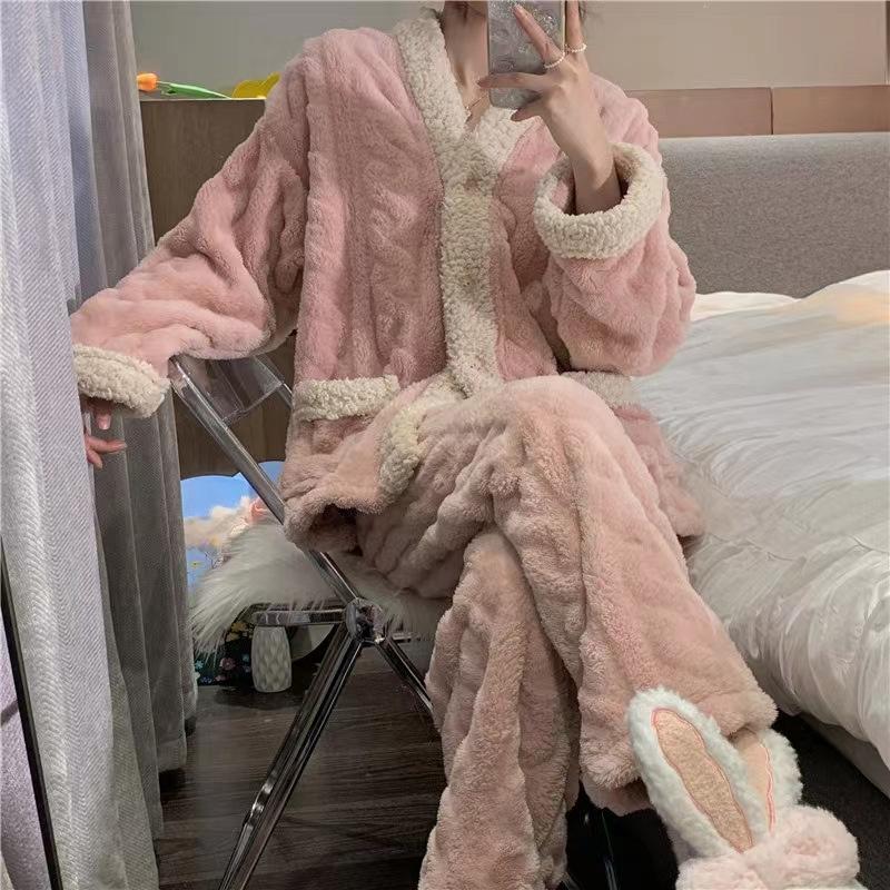 

Coral Fleece Women Autumn Winter Thickened Fleece-lined Graceful Couple Online Celebri Home Wear Set 2XL