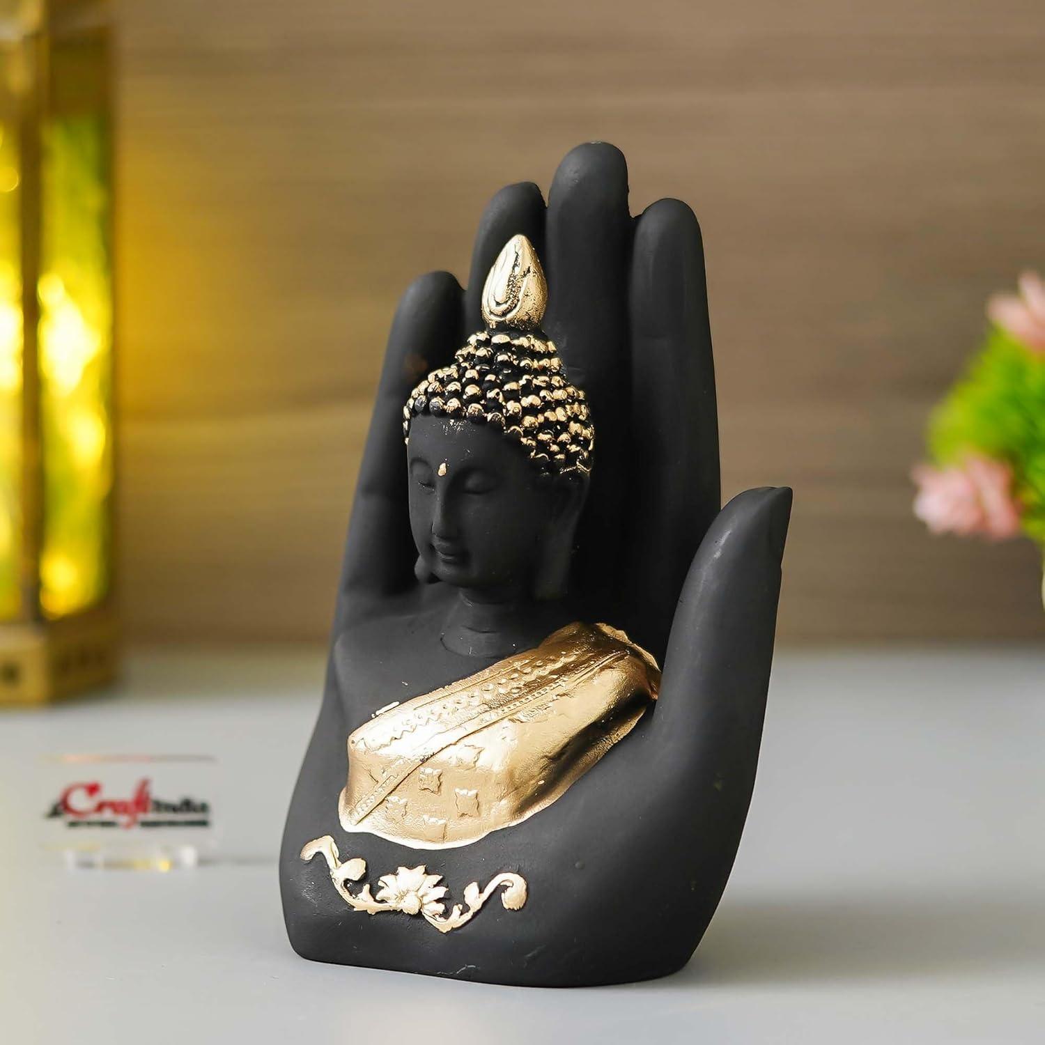 

Polyresin Golden Handcrafted Palm Buddha Polyresin Showpiece (12.5 cm x 7.5 cm x 17.5 cm, Black) Onesize