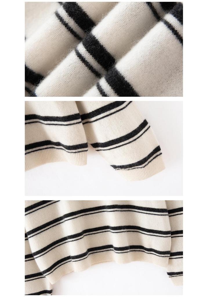 Autumn Winter Retro Stripe 100% Pure Cashmere Round Neck Knit Loose Sweater