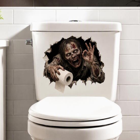 Removable Adhesive Toilet Clings Spooky Crack Ghost Tank Lid Sticker, Halloween Horror 3D Broken Wall Zombie Indoor Scene Setters Seat