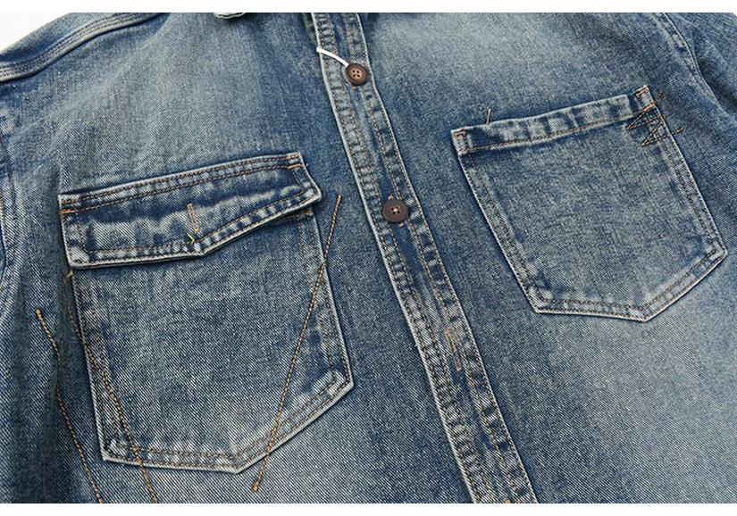 Heavyweight Retro Japanese Long Sleeve Denim Shirt with Double Pockets