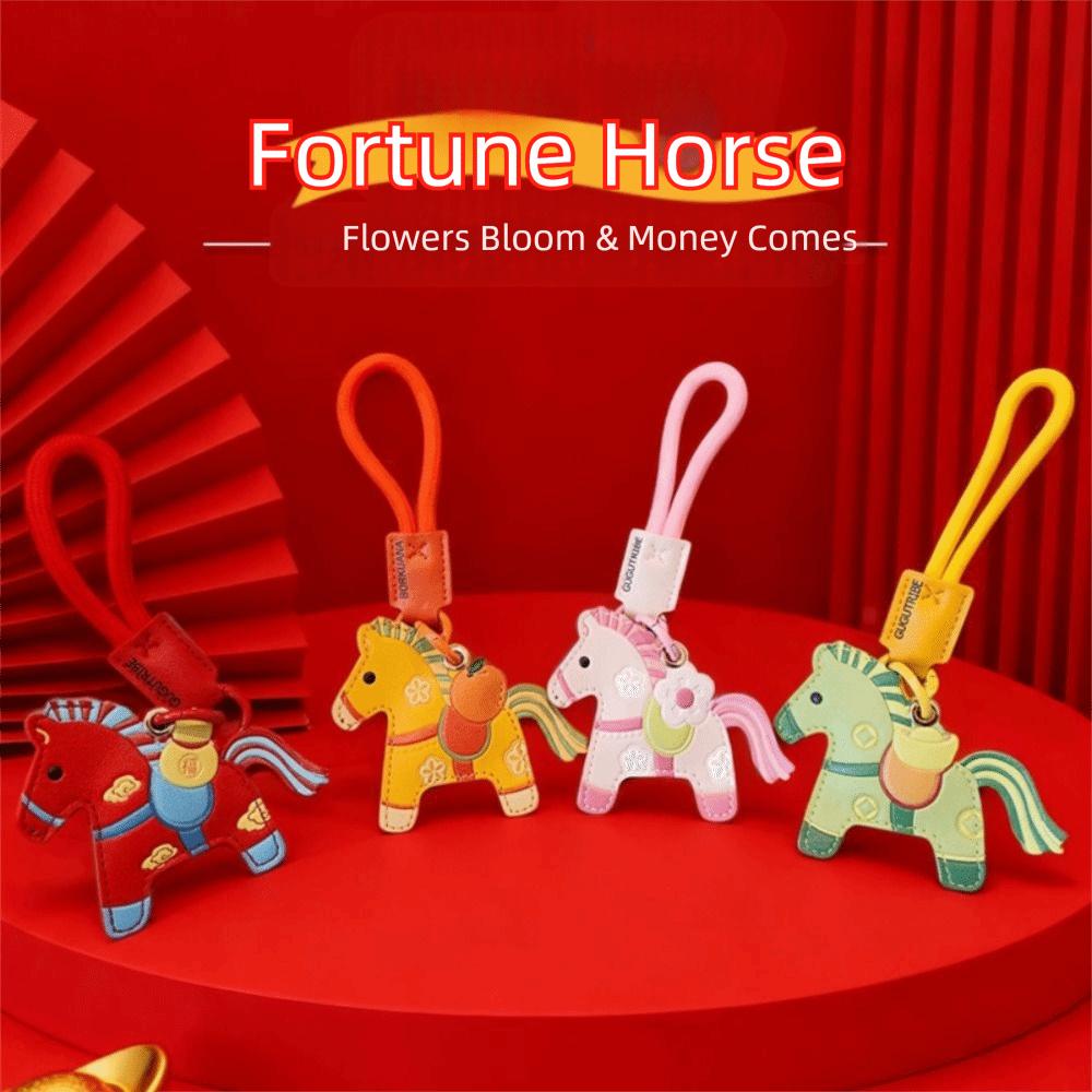 Leather Horse Keychain Access Control Card Holder Zodiac Pony Bag Hanging Year of The Horse