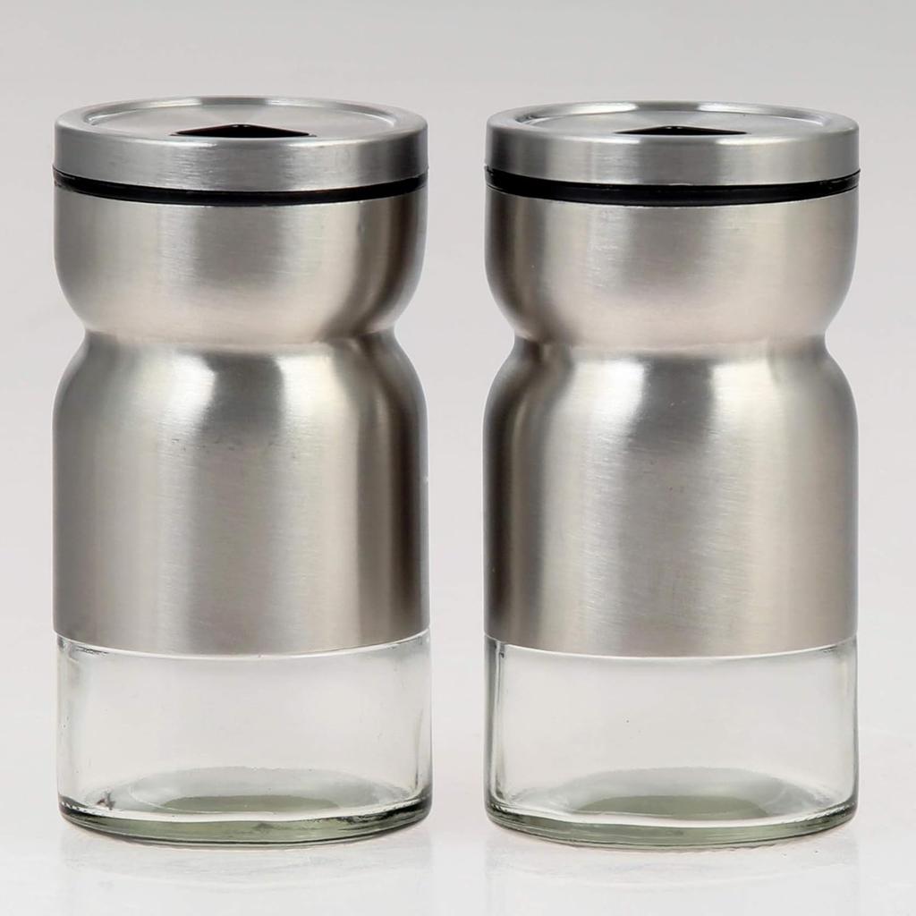 Salt and Pepper Shaker - with adjustable pour holes dispenser lids. Stainless Steel with Glass bottoms 2-Piece Set. (Stainless steel)