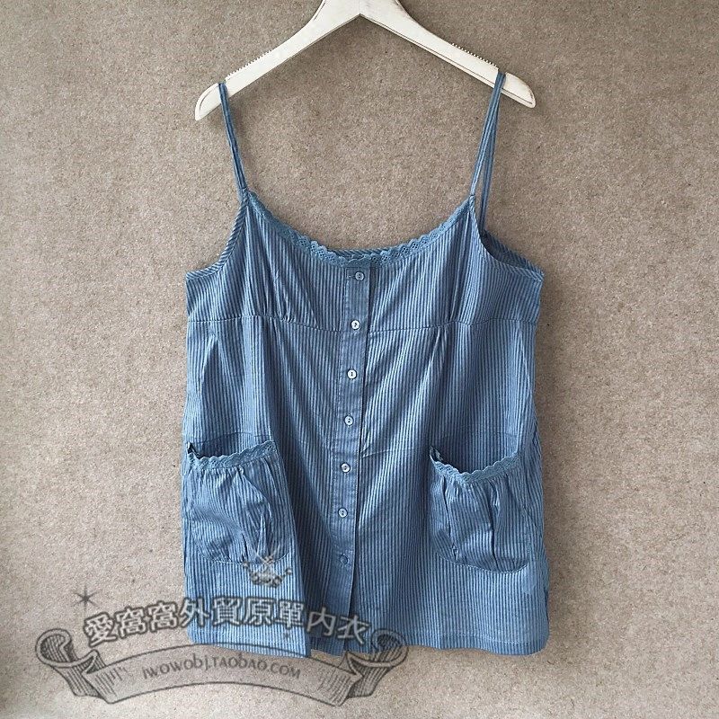 

Aiwowo Экспорт Бутик Синий Пасторальный Стиль Чистый Хлопок Вертикальная Полоска Кружево Застежка Спереди Свободная Майка для Женщин Blue Stripes pure cotton S
