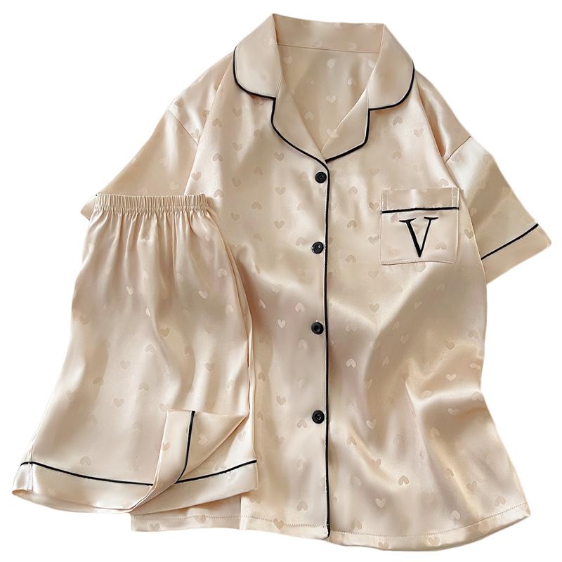 French High-Value Simple Love Jacquard Design Feeling Ice Silk Pajamas Women'S Short-Sleeved Set Loungewear