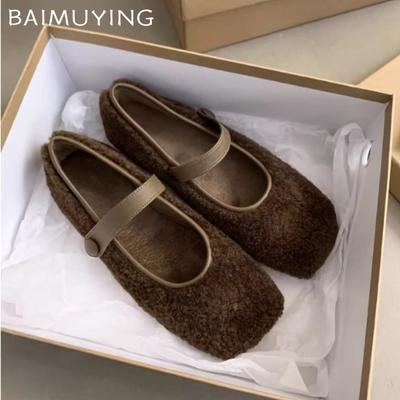 Fur Women Ballet Flats Shoes Shallow Square Toe Mary Jane Cotton Shoes Woman 2025 Trend Winter Warm Elegant Dress Loafers Shoes