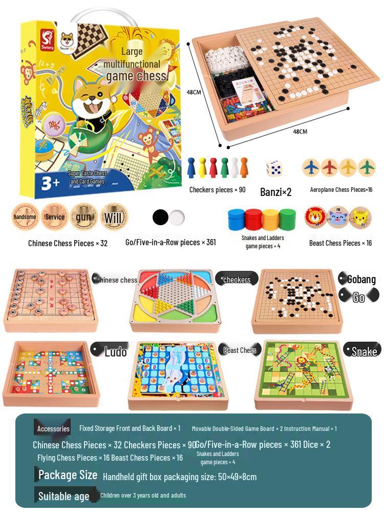 Educational Multifunctional Wooden Board Game Set: Go, Five-in-a-Row, Checkers, and Ludo for Kids
