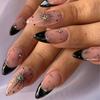 24PCS Gothic-style black French pointed nail stickers long and pointed artificial nails 3D golden sun-shaped star ornaments