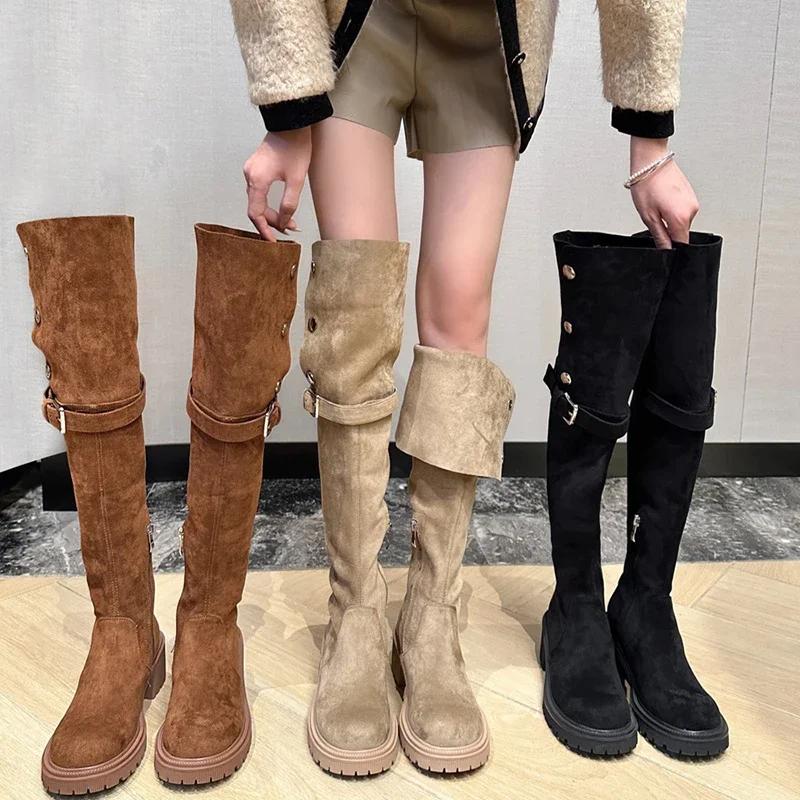 Vintage Women Over The Knee High Boots Fashion Back Zippers Shoes Autumn Winter Thick Heel Women's Long Booties