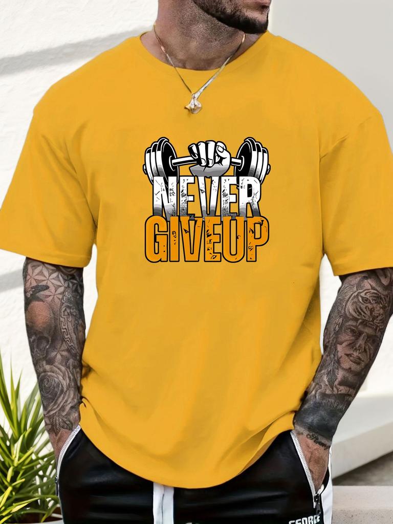 Gym Tshirt 2025 Summer Essential Mens Comfy Everyday Trendy Never Give Up Barbell Print 100 Cotton Short Sleeve Casual Top