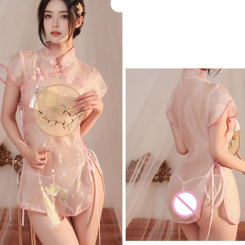 Babydolls Perspective On Classical Standing Neck Qipao Retro Embroidered Split Pajamas Sexy Dresses Daring Hot Woman Lingerie