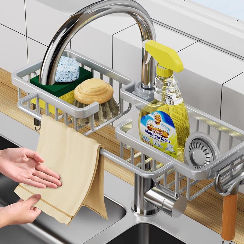 Stainless Steel Kitchen Faucet Organizer & Drain Rack for Dishcloths, Sponges, Brushes - No Drilling Needed