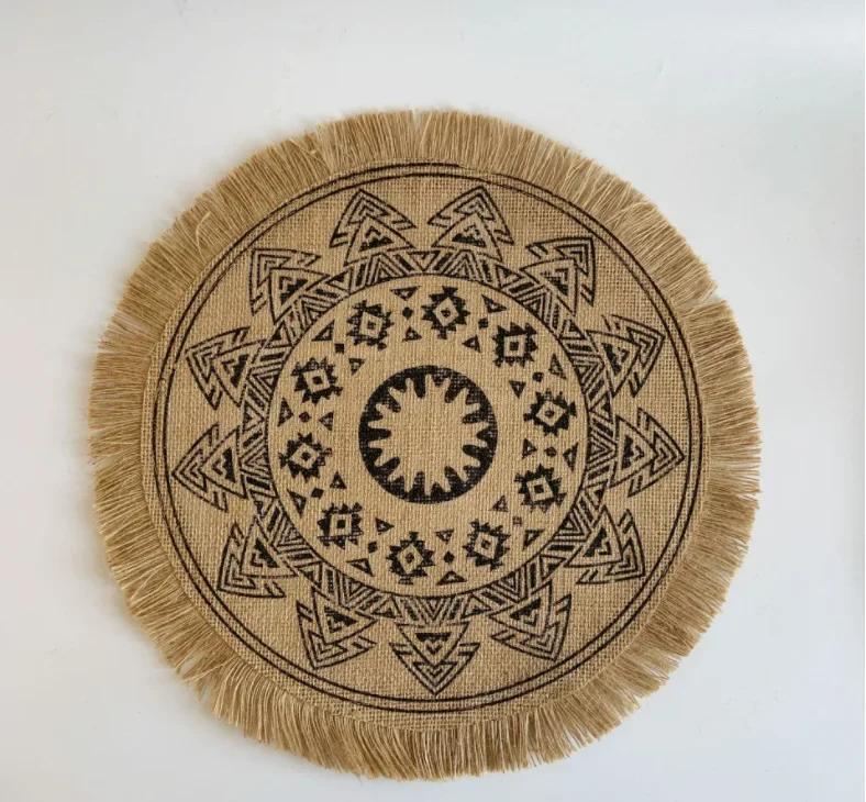 Vintage Pastierske Okrúhle Bavlnené Ľanové Podložky pod Tanier Ručne Tkané Jutové Strapaté Podložky Mäkké Protišmykové Podložky na Stôl Podložky pod Vázy Doplnky